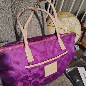 Coach Vibrant Purple Tote with Cream Handles